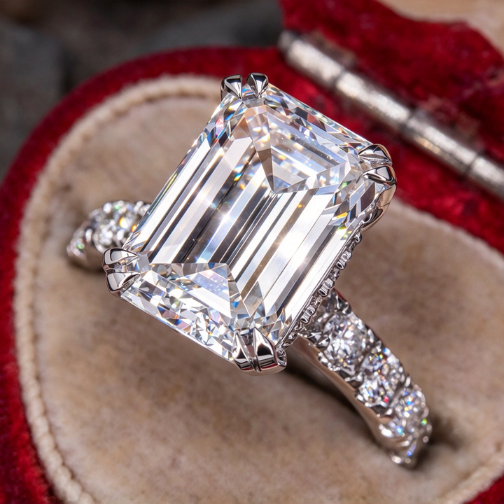 Emerald Cut Luxury 8-Prong Statement Ring for Women, Sparkling Side Stone Engagement Style Ring