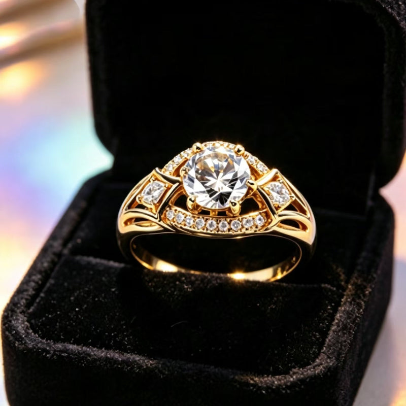 Vintage Open‑Work Multi‑Cut Diamond Promise Ring, Gold Tone Women’s Statement Ring