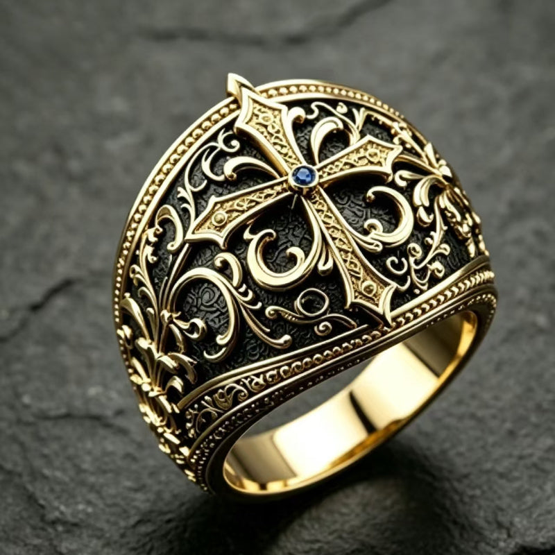 Vintage Engraved Cross Diamond Signet Ring, Gold Tone Men’s Statement Ring