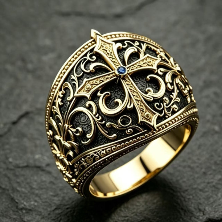 Vintage Engraved Cross Diamond Signet Ring, Gold Tone Men’s Statement Ring