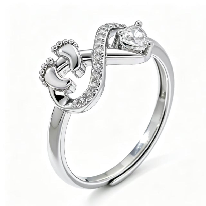 Open Adjustable Mom Baby Footprint Infinity Ring, Heart‑Stone Mother’s Keepsake Ring
