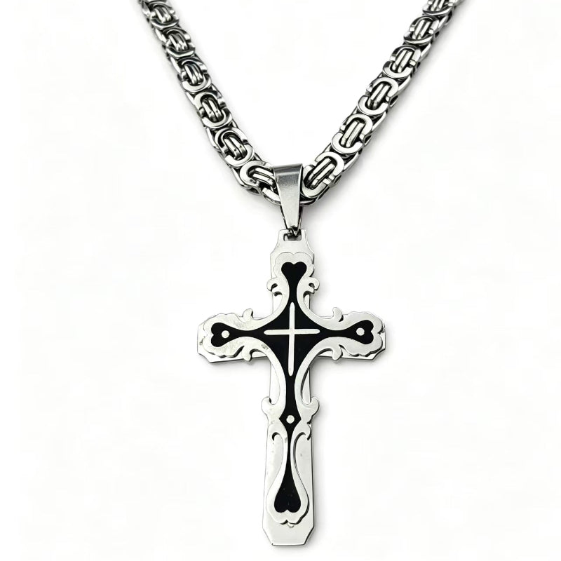 Ornate Gothic Cross Pendant Necklace, 3‑Tone Stainless Steel Byzantine Chain Necklace