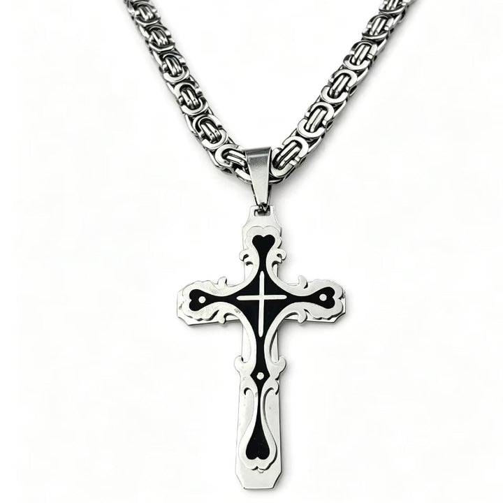 Ornate Gothic Cross Pendant Necklace, 3‑Tone Stainless Steel Byzantine Chain Necklace
