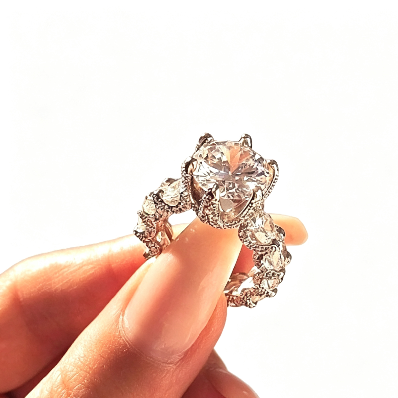 Vintage Filigree Crown Round Diamond Split Shank Engagement Ring, Ornate Marquise Accent Gothic Bridal Statement Ring