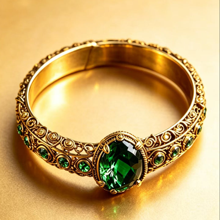 Vintage Filigree Round Green Gem Solid Band Ring, Distinctive Court-Style Ring