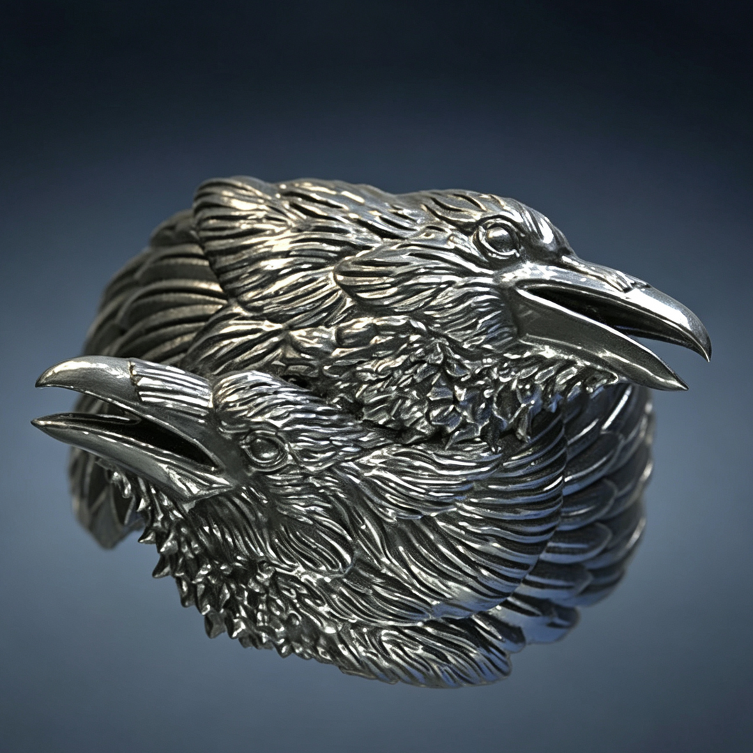 Dual Raven Head Statement Ring, Vintage Gothic Bird Sculpture Ring, Adjustable Open Band Jewelry for Men