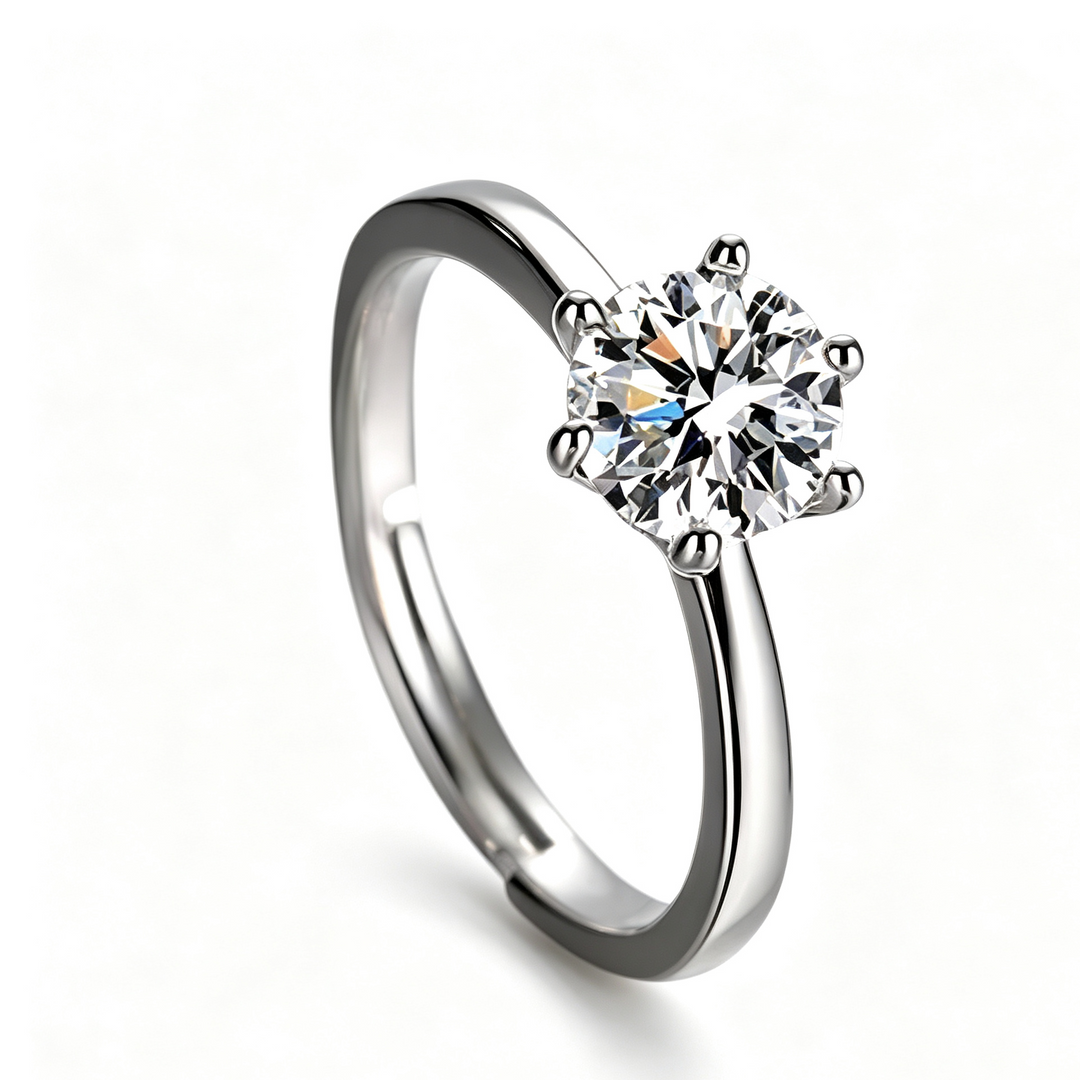 S925 Silver Adjustable Six‑Prong One-Carat Style Round Diamond Ring, Ideal Gift For Women