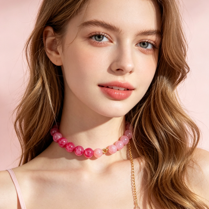 Marbled Resin Round Bead Choker Necklace, Adjustable Gold Chain Bold Statement Summer Women Collar Jewelry