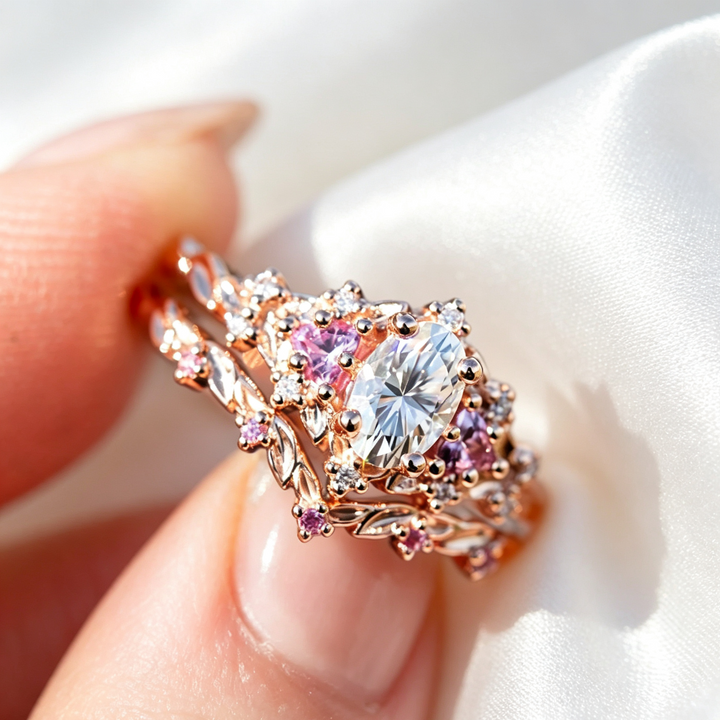 Rose Gold Floral Diamond Stackable Ring Set, Minimalist &amp; Stylish Ring