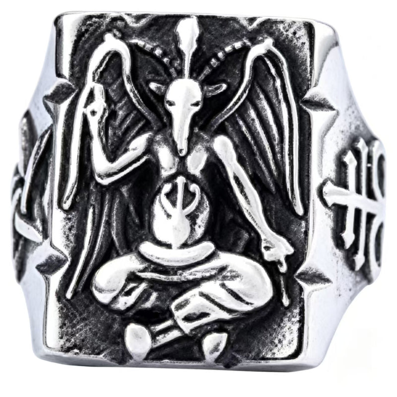 Vintage Baphomet Pentagram Signet Ring, Antique Oxidized Gothic Occult Men’s Statement Ring