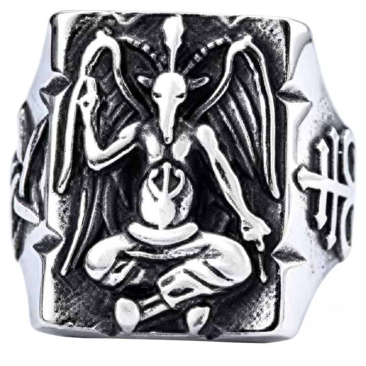 Vintage Baphomet Pentagram Signet Ring, Antique Oxidized Gothic Occult Men’s Statement Ring