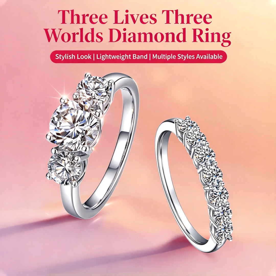 "Three Lives, Three Worlds" Ring Set, Classic Round Diamond Wedding Band &amp; Engagement Ring