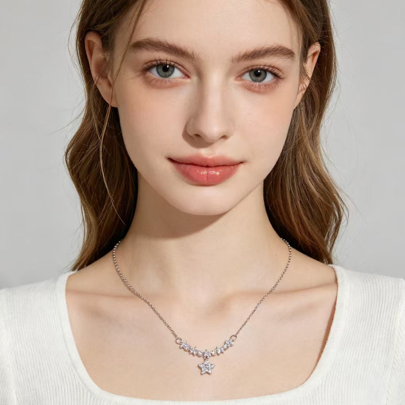 Dainty Starry Sky Pave Diamond Drop Choker, Minimalist Twinkling Star Collarbone Necklace For Women