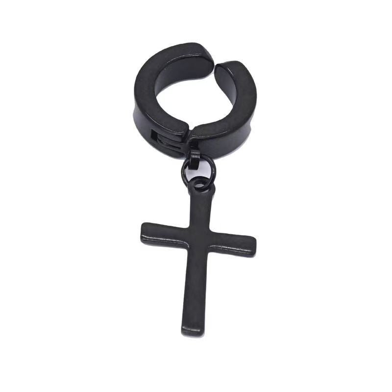 Non‑Piercing Cross Dangle Huggie Ear Clips, Punk Drop Cross Charm Hoop Ear Cuff for Men & Women