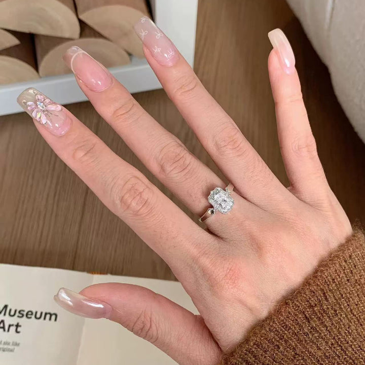 Adjustable Open Design Emerald Cut Silver Promise Ring Set, Minimal Vintage Accent Diamond Bridal Jewelry