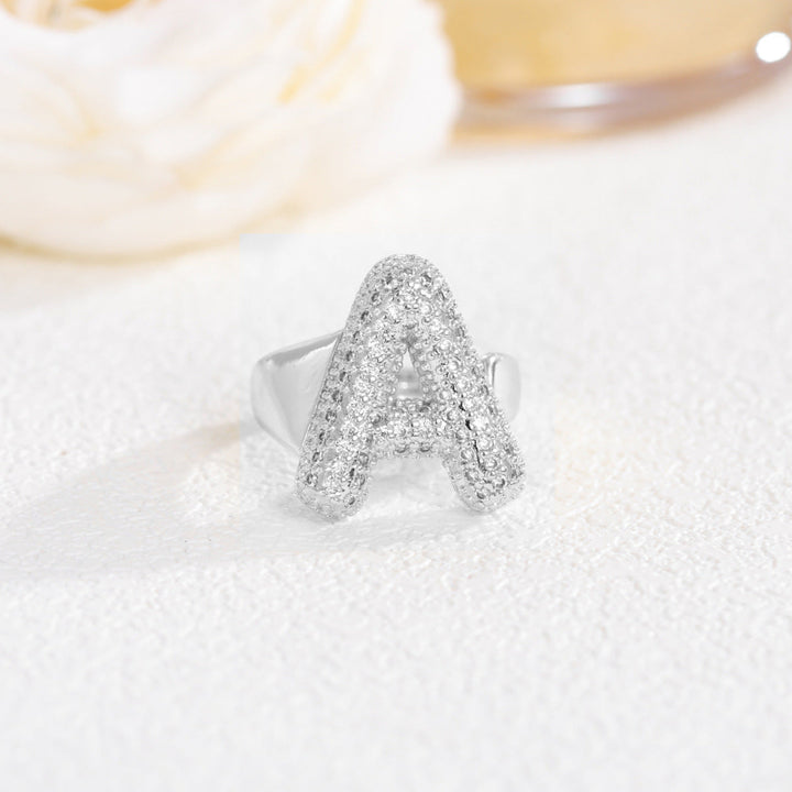 Adjustable Open Iced‑Out Initial Letter Diamond Ring, 26‑Alphabet Statement Unique Style Ring