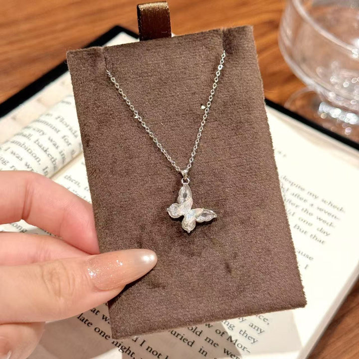 Dainty Iridescent Diamond Butterfly Pendant Necklace, Minimalist Delicate Wing Collarbone Jewelry For Women