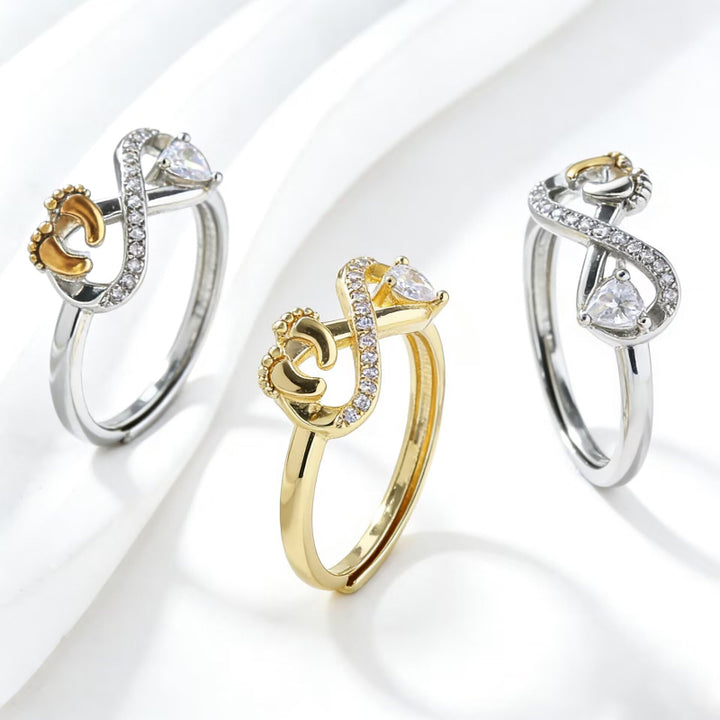 Open Adjustable Mom Baby Footprint Infinity Ring, Heart‑Stone Mother’s Keepsake Ring