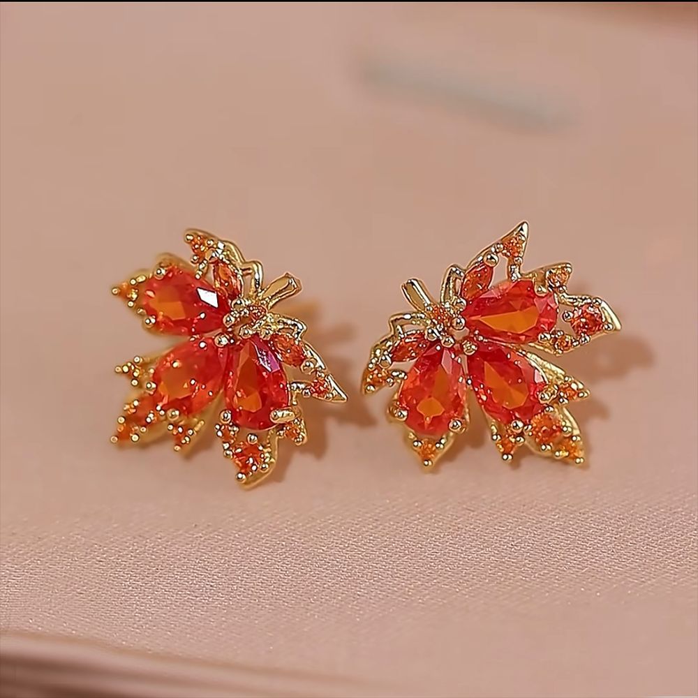 Sparkling Maple Leaf Jewelry Set, Red Stone Leaf Earrings &amp; Pendant Necklace for Women