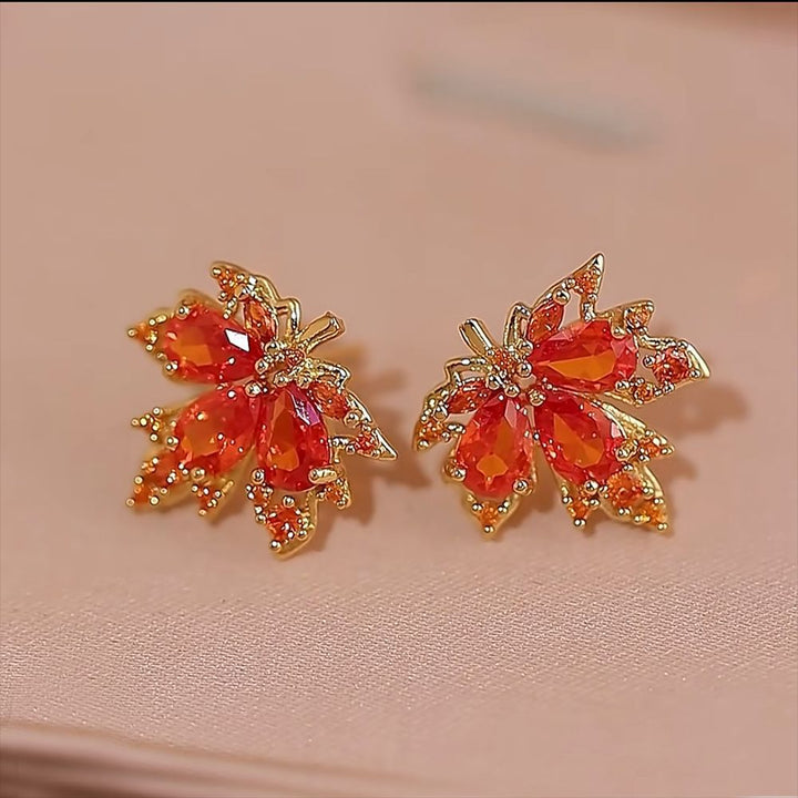 Sparkling Maple Leaf Jewelry Set, Red Stone Leaf Earrings &amp; Pendant Necklace for Women