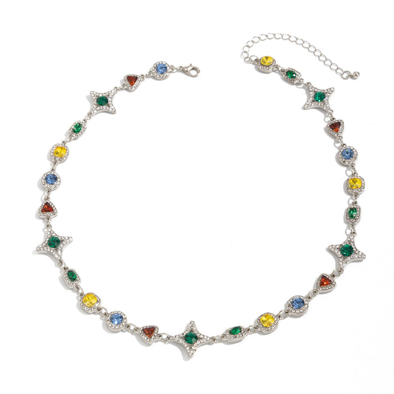 New Men's Colored Gemstone Cross Necklace and Bracelet, Colorful Gem & Diamond Star Link Jewelry Set