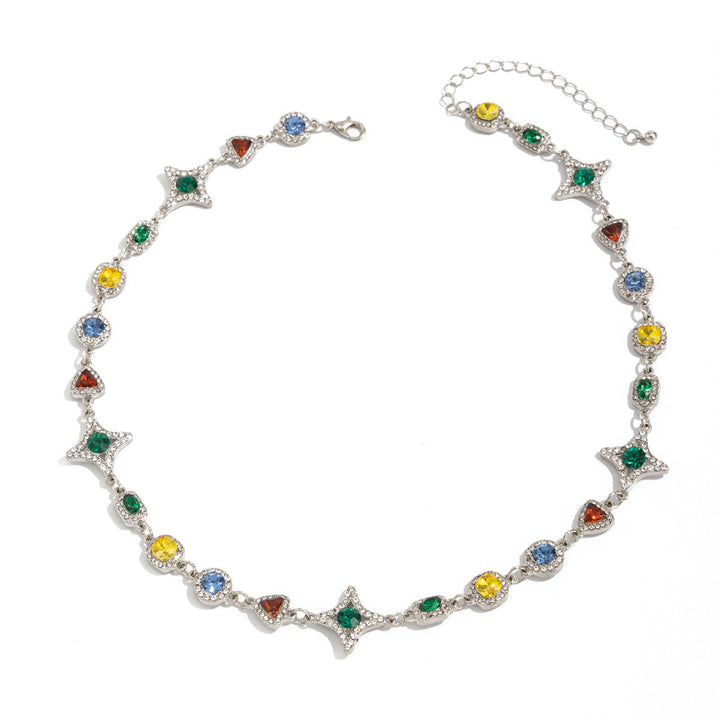 New Men's Colored Gemstone Cross Necklace and Bracelet, Colorful Gem & Diamond Star Link Jewelry Set