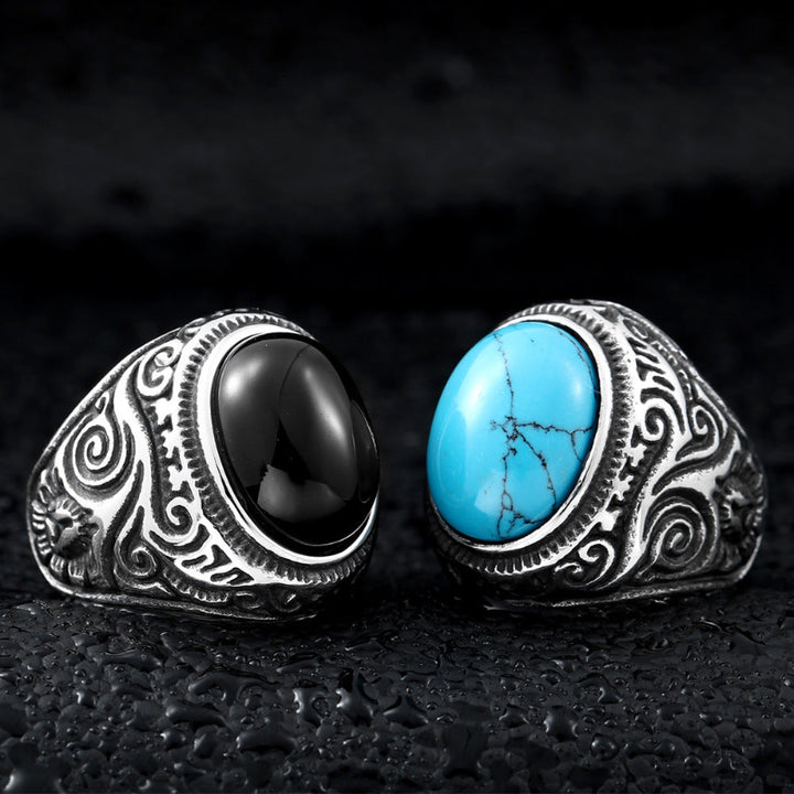 Vintage Carved Signet Ring, Oval Turquoise &amp; Black Onyx Gemstone Men’s Statement Ring