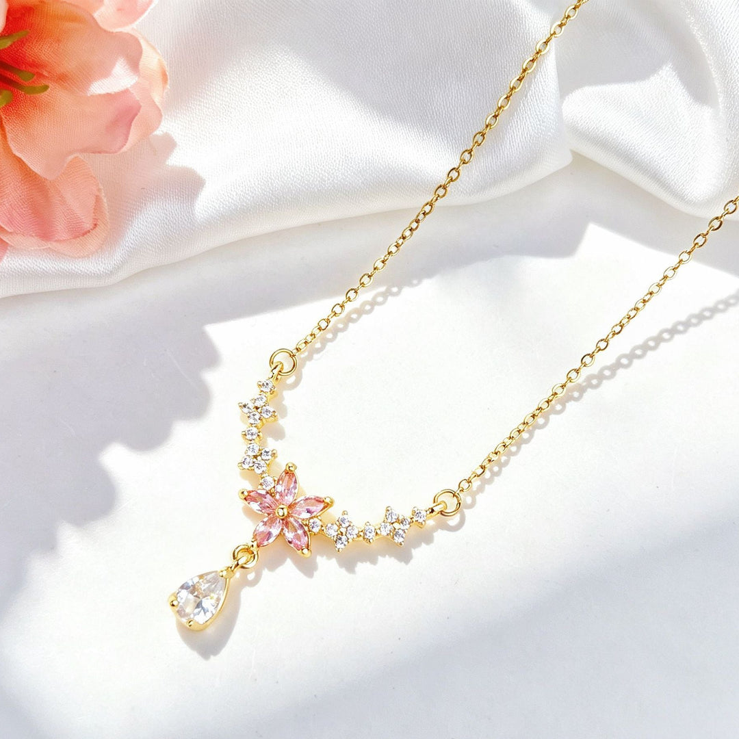 V-Shape Floral Star Teardrop Diamond Necklace, Dainty Collarbone Chain