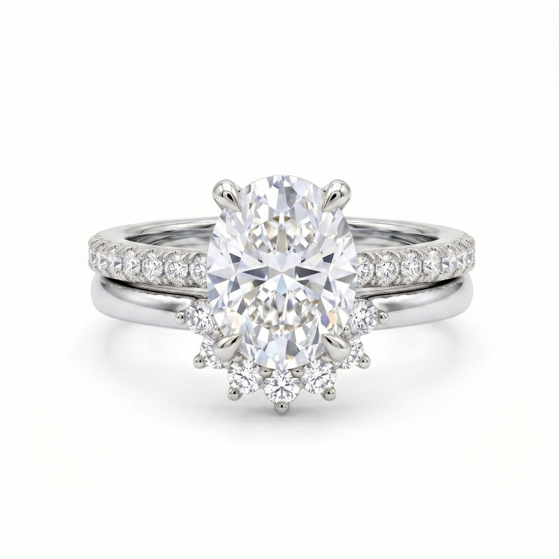 Oval‑Cut Diamond Bridal Ring Set, Halo Accent Engagement &amp; Eternity Band Two‑Piece Ring