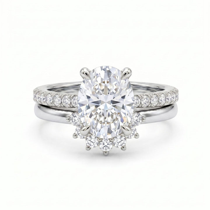 Oval‑Cut Diamond Bridal Ring Set, Halo Accent Engagement &amp; Eternity Band Two‑Piece Ring