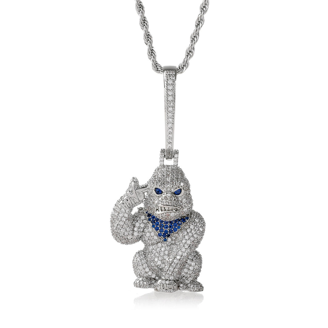 Iced Out Gorilla Hand Gun Pendant Necklace, 18K Gold Silver Hip Hop Rope Chain Jewelry