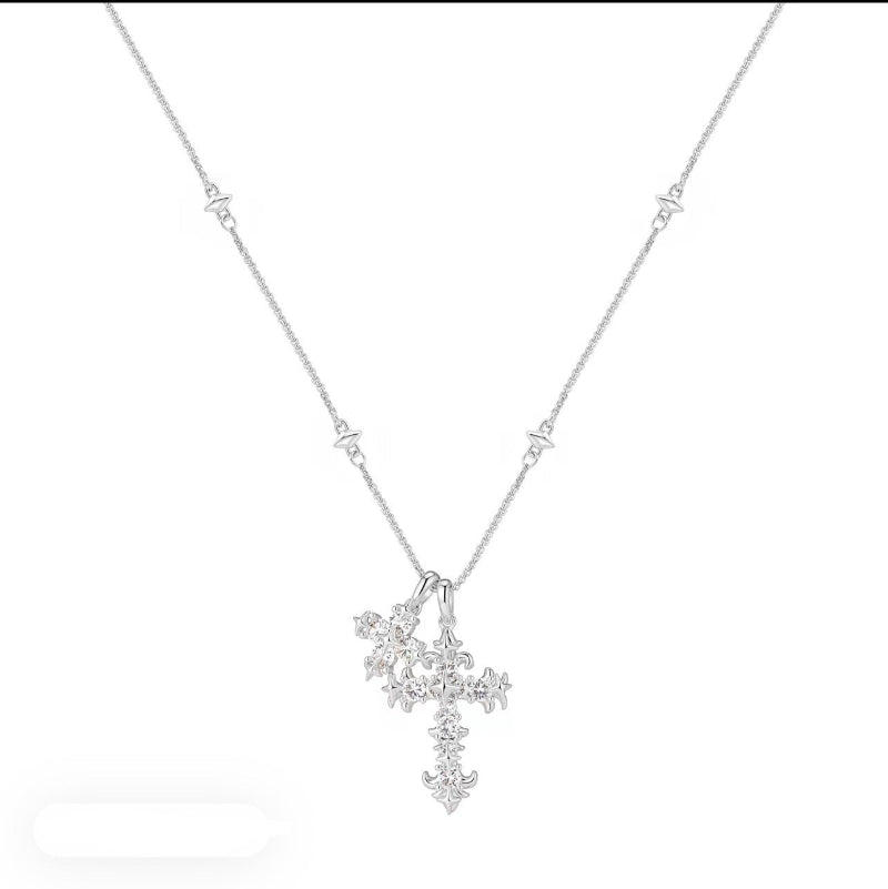 Dual Ornate Diamond Cross Pendant Necklace, 2 Tone Vintage Layering Faith Fine Jewelry