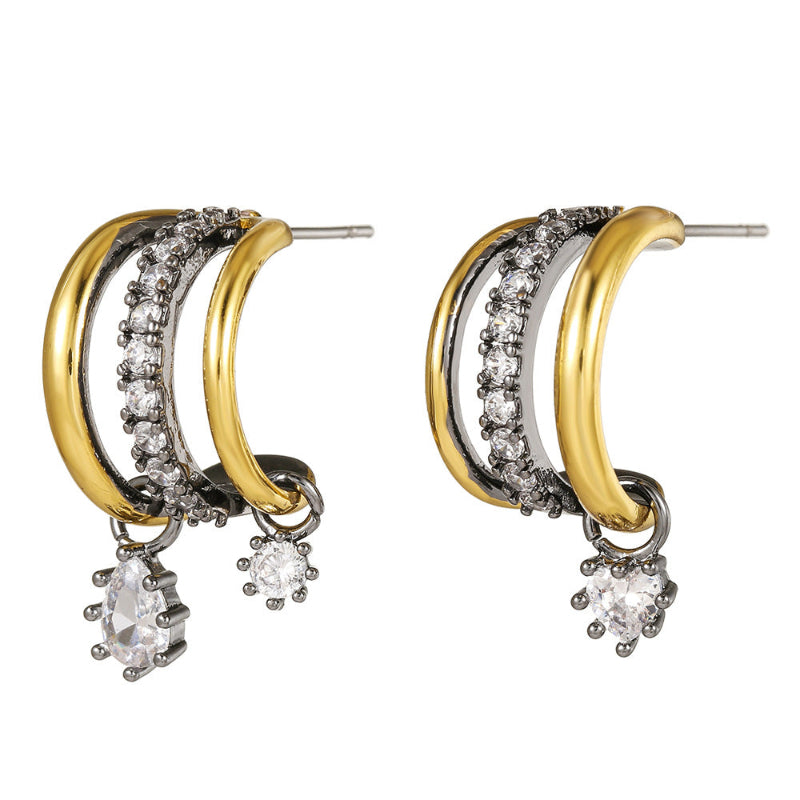 Multi‑Layer Hoop Teardrop Earrings, Two‑Tone Gold Tone With Sparkling Dangling Diamond Charms