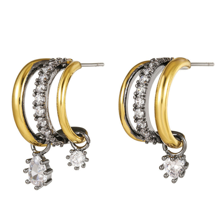 Multi‑Layer Hoop Teardrop Earrings, Two‑Tone Gold Tone With Sparkling Dangling Diamond Charms