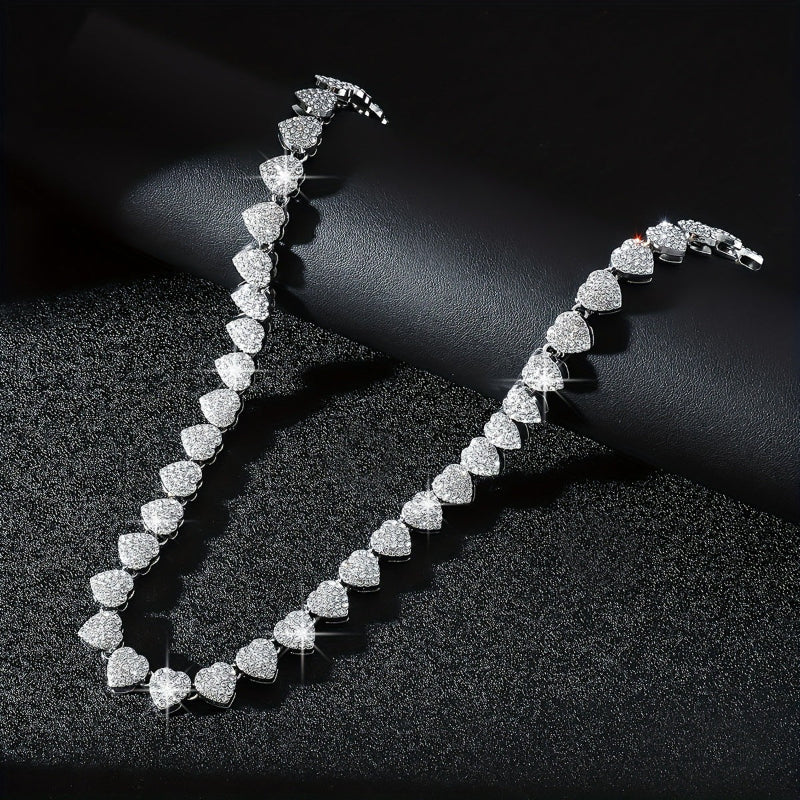 Full Pave Diamond Heart Tennis Choker, Iced Romantic Stackable Collarbone Statement Necklace