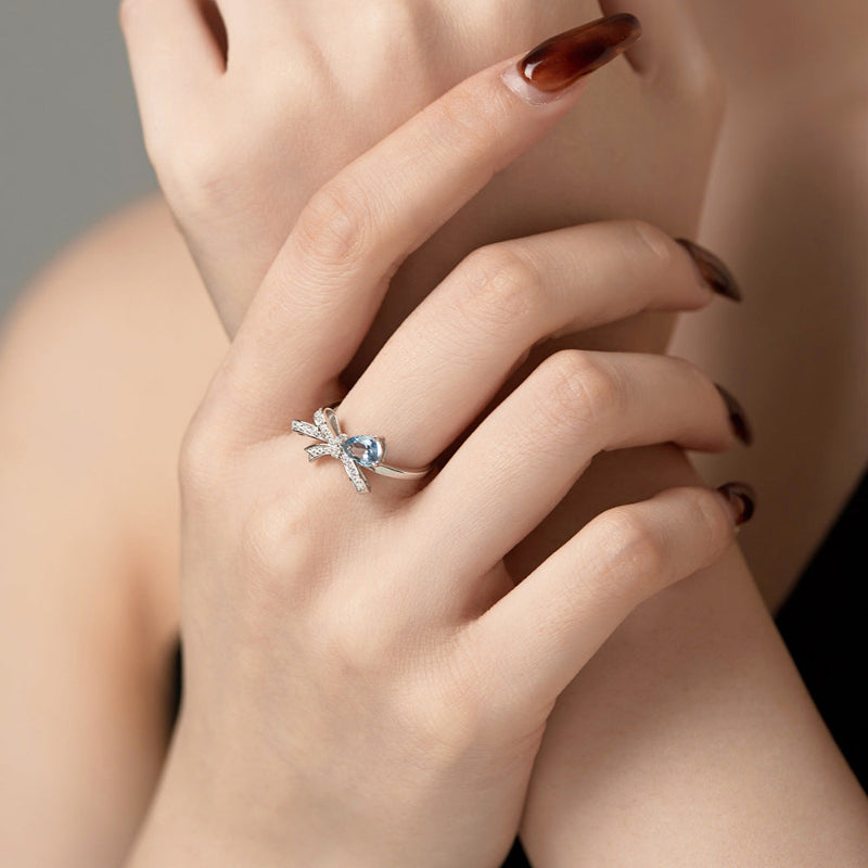 Exquisite Bow‑Knot Teardrop‑Shaped Gem & Diamond Ring, Multi‑Color Option Elegant Women Statement Ring