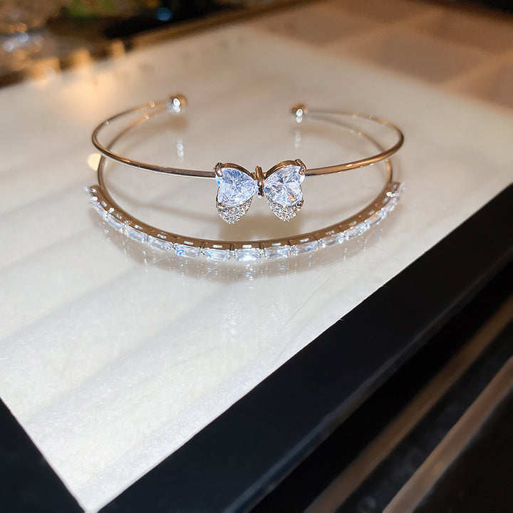 Double Layer Butterfly Diamond Open Cuff Bangle, Heart Stone Bow Stackable Bracelet