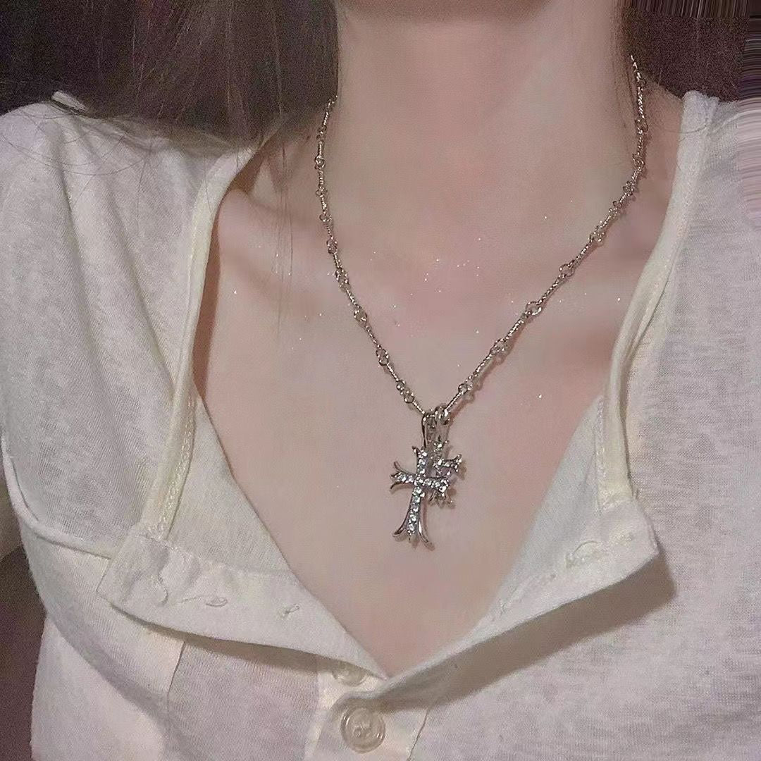 Double Cross Pendant Diamond Necklace, Versatile Statement Sweater Necklace, Trendy Gift for Women Men