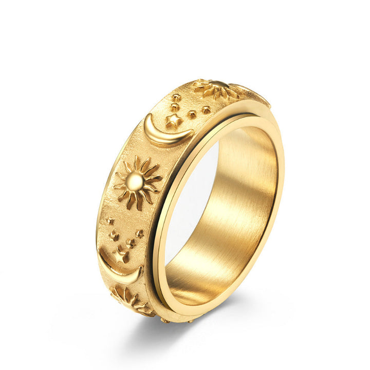 Sun, Moon, and Star Rotatable Ring, Vintage Engraved Rotatable Stress‑Relief Ring