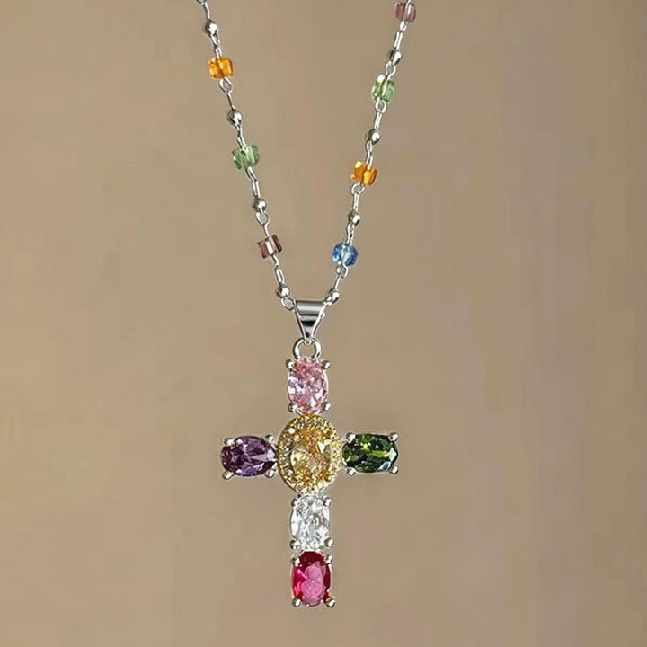 Colorful Gem Cross Pendant Necklace, Ideal for Birthday &amp; Christmas Gift for Women