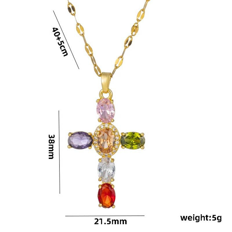 Colorful Gem Cross Pendant Necklace, Ideal for Birthday &amp; Christmas Gift for Women