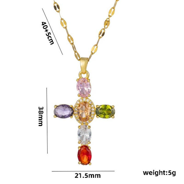Colorful Gem Cross Pendant Necklace, Ideal for Birthday &amp; Christmas Gift for Women