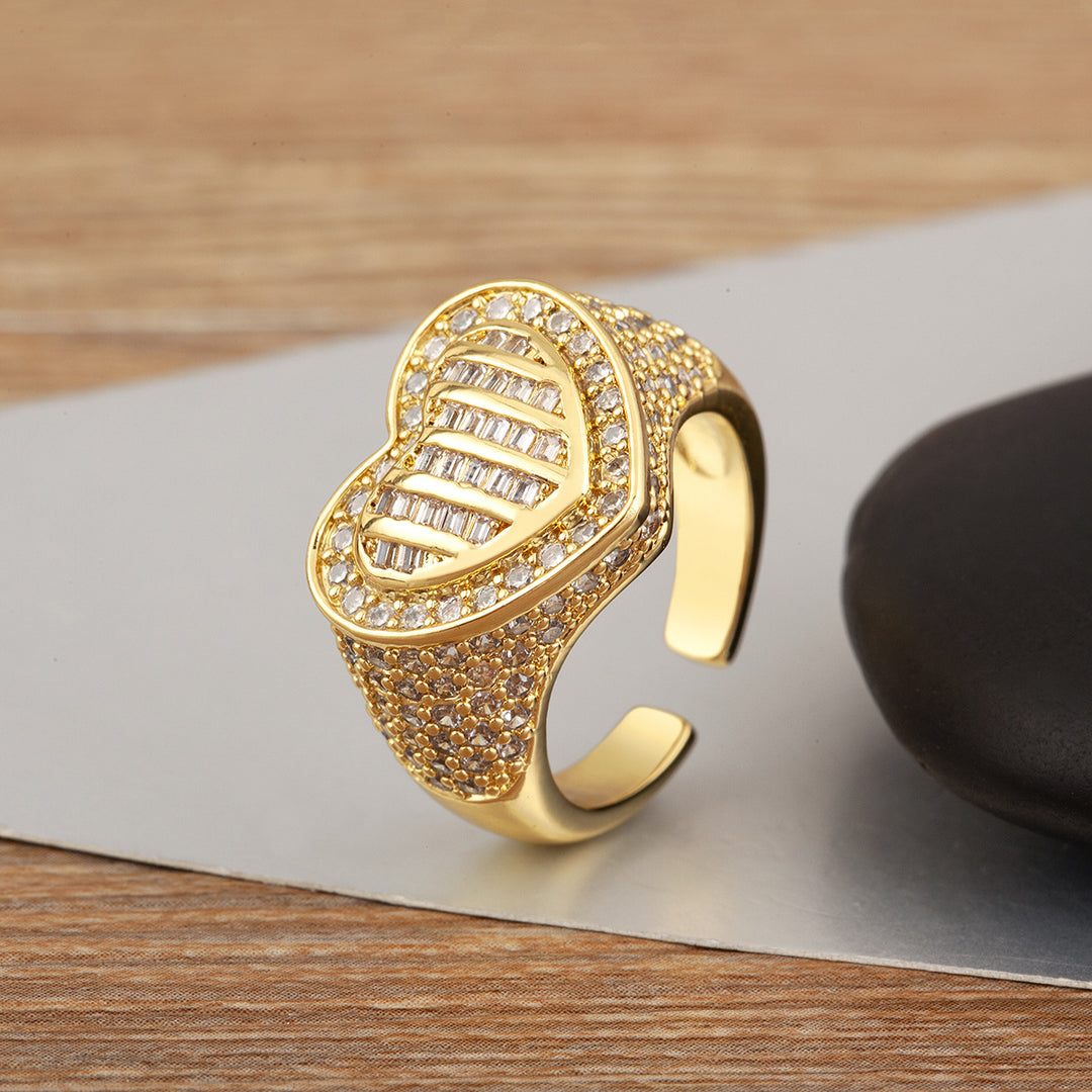 Glam Heart Shape Statement Open Ring, Sparkling Inlaid Diamond Design, Multiple Styles Available