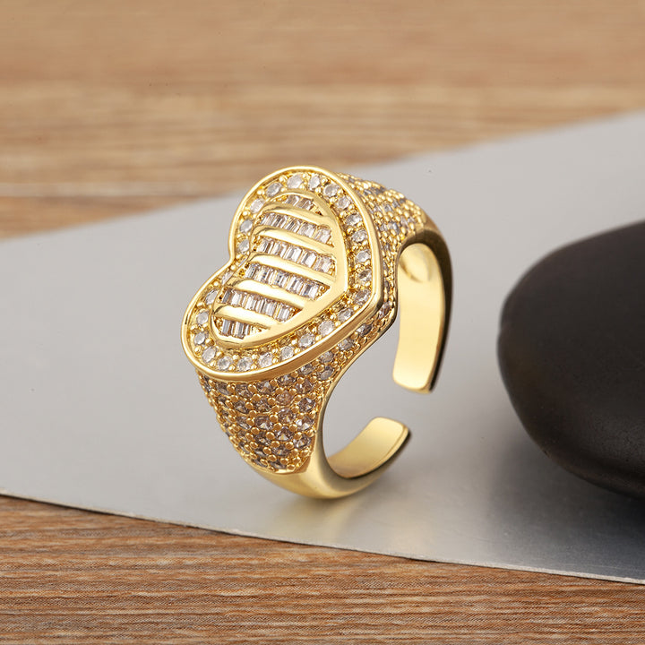Glam Heart Shape Statement Open Ring, Sparkling Inlaid Diamond Design, Multiple Styles Available
