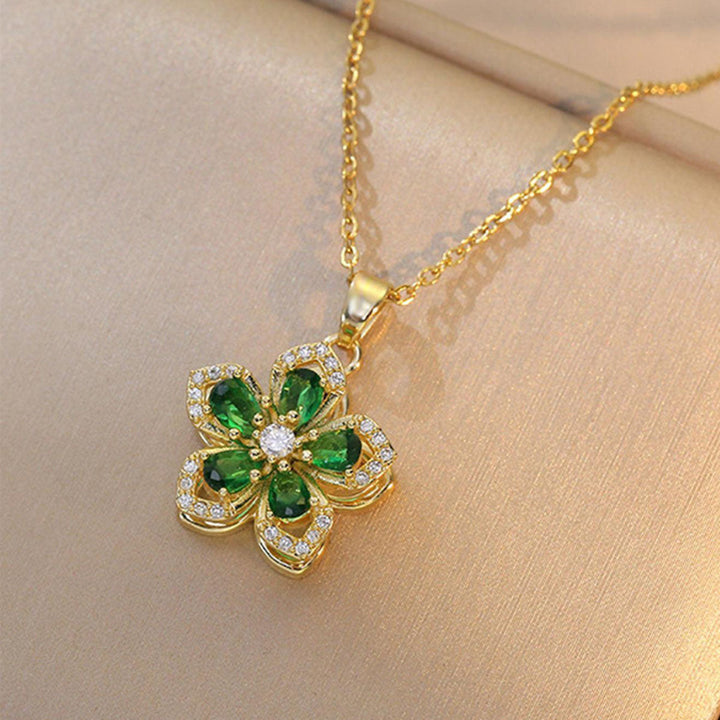 Multi-Color Gem Flower Pendant Necklace, Rotating Floral Diamond Necklace Elegant Women Daily Jewelry