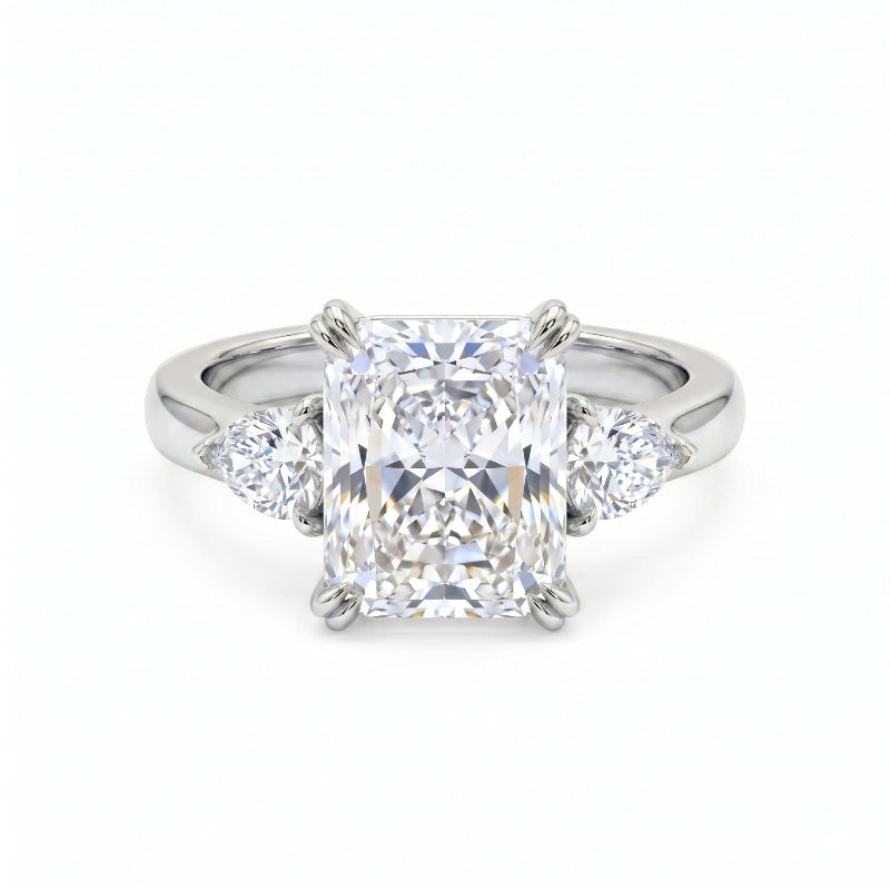 Radiant Cut Three Stone Diamond Engagement Ring, Pear Side Stone Luxury Bridal Promise Ring
