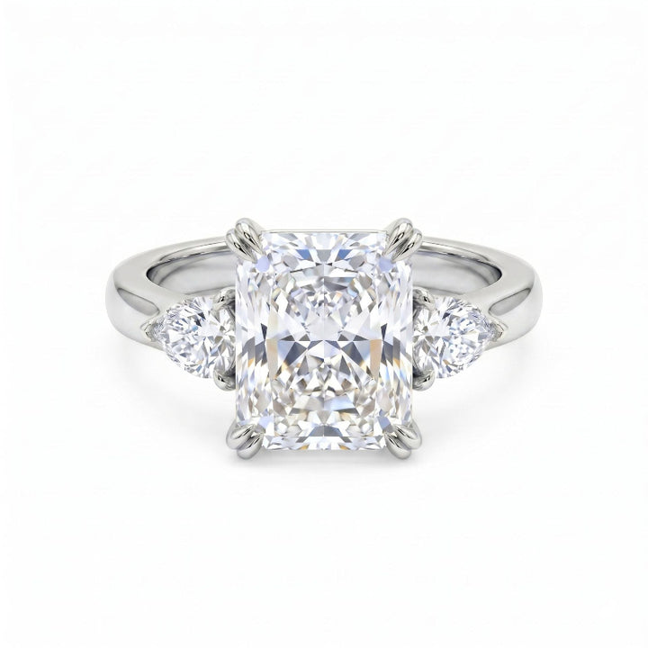 Radiant Cut Three Stone Diamond Engagement Ring, Pear Side Stone Luxury Bridal Promise Ring