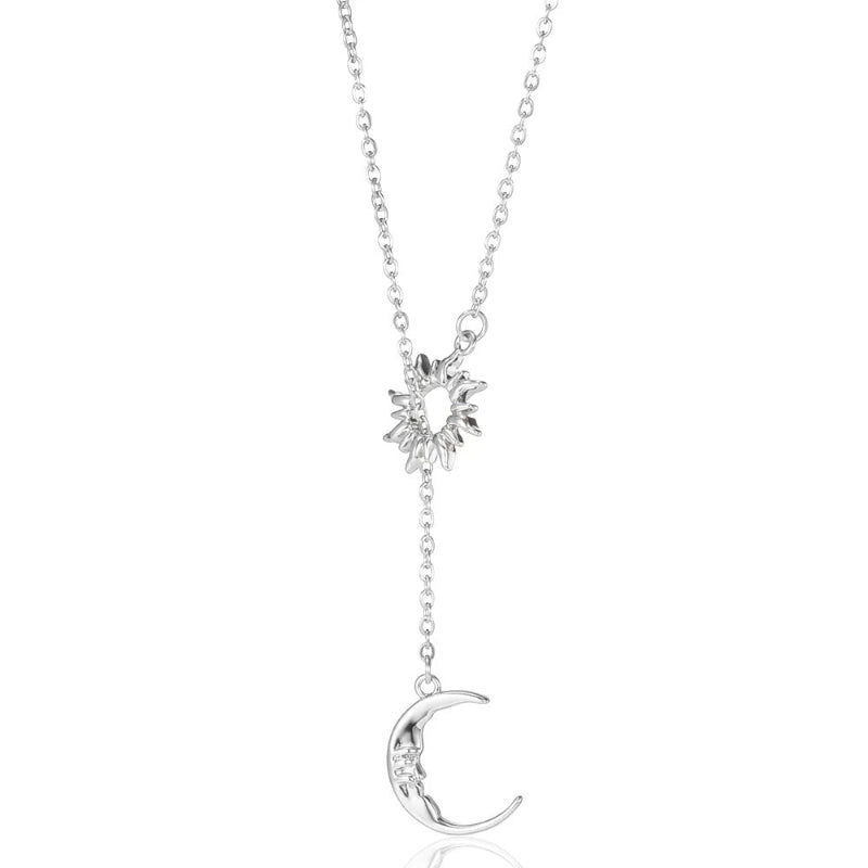 Sun & Engraved Face Moon Lariat Drop Necklace, Gold Silver Celestial Matching Couple Best Friend Layer Pendant