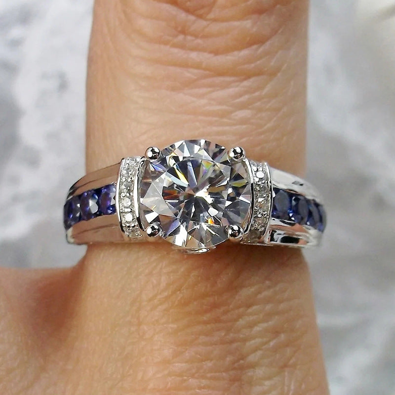 S925 Silver Round‑Cut Diamond Ring With Blue Gem Inlaid Band