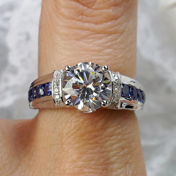 S925 Silver Round‑Cut Diamond Ring With Blue Gem Inlaid Band